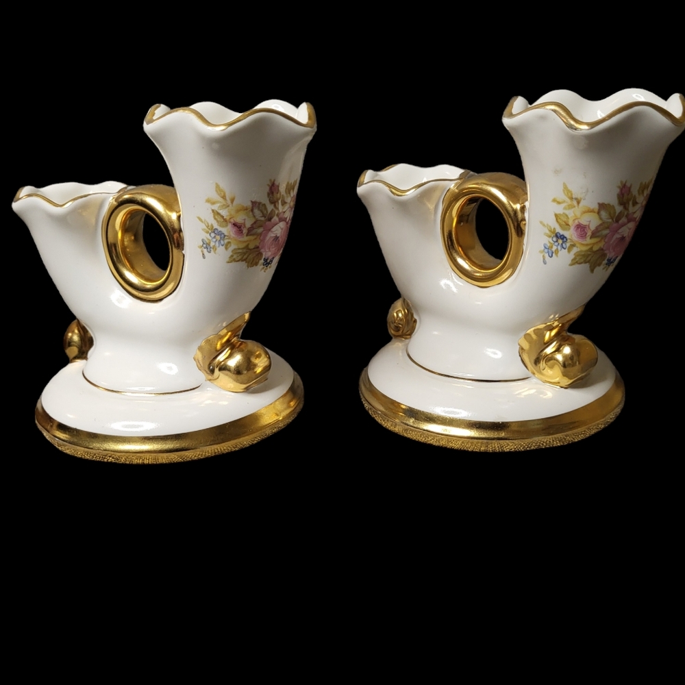 2 Vtg Abingdon Candleholders - White & Metallic Gold Flowers - Shabby Cottage